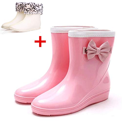 Botas De Lluvia Para Mujer,Otoño E Invierno Impermeable Antideslizante Slip En Botas De Agua Rosa Estridente Hembra Caliente Y Algodón Tubo Medio Lluvia Zapatos Señoras Agua Ligera Y Cómoda, Z