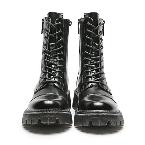 Botas Militar Plataforma para Mujer Punk Media Pierna Tacón Grueso Cuero Botas De Motociclista con Cierre Cremallera,Negro,38 EU