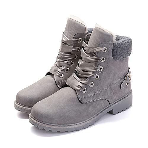 Botas Nieve Mujer Otoño Invierno Calentar Piel Forro Botines Retro Snow Boots Cordones Zapatillas Planas Gris 37