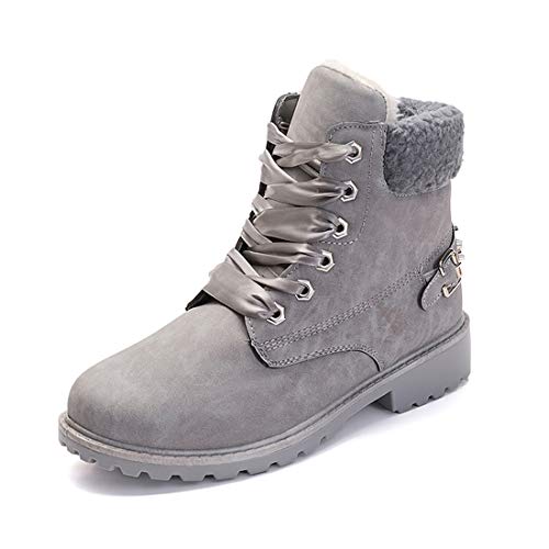 Botas Nieve Mujer Otoño Invierno Calentar Piel Forro Botines Retro Snow Boots Cordones Zapatillas Planas Gris 37