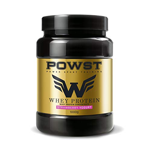 Bote Proteina Whey, Proteína de suero de leche en polvo, 1Kg (sabor Yogur con Fresas) POWST