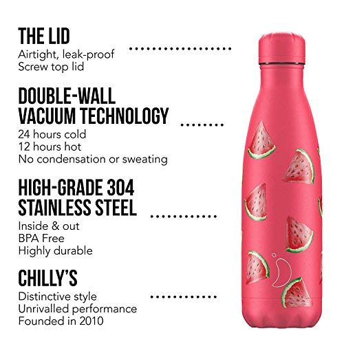 Botella De Agua De Chilly's | Acero Inoxidable y Reutilizable | Prueba de Fugas, Libre de transpiración | Sandía | 500ml