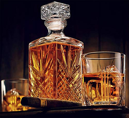 Botella De Whisky Crystal Decanter Set 7Pcs - Tapón Geométrico Hermético Artesanal Italiano, Cristal Sin Plomo, para Bodas, Aniversarios Y Vino, Borbón, Brandy