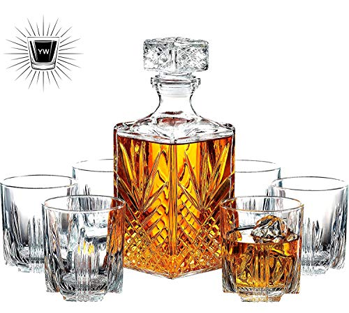 Botella De Whisky Crystal Decanter Set 7Pcs - Tapón Geométrico Hermético Artesanal Italiano, Cristal Sin Plomo, para Bodas, Aniversarios Y Vino, Borbón, Brandy