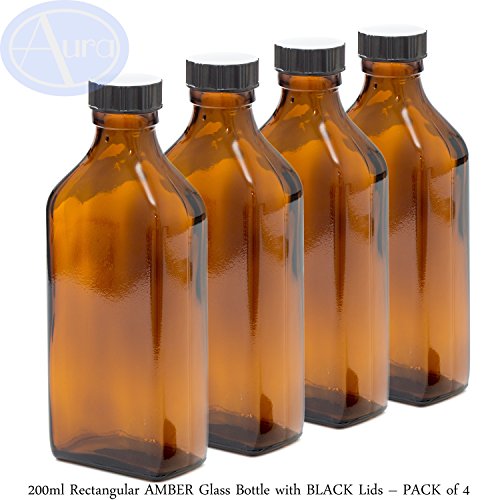 Botella rectangular de cristal de ámbar de 200 ml con tapa negra – Paquete de 4