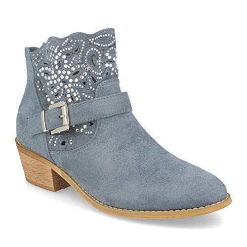 Botin de Mujer Estilo Campero-Cowboy, con Tacon, Hebilla y Decorado con Strass en Forma de Flor. Primavera Verano 2020. Talla 36 Azul