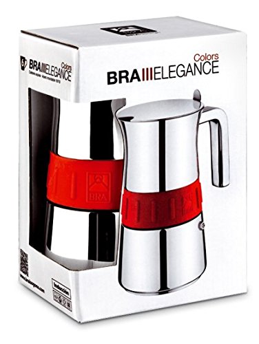 BRA CAFETERA Elegance Colors Italiana, Acero Inoxidable, Gris y Rojo, 4 Tazas