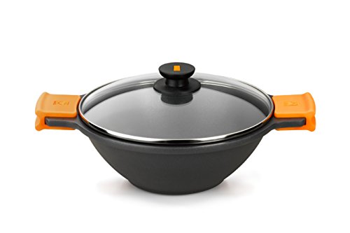 BRA Sartén Wok, Cacerola cóncava, con Tapa de Cristal, Asas de Silicona, Aluminio, Negro, 24 cm