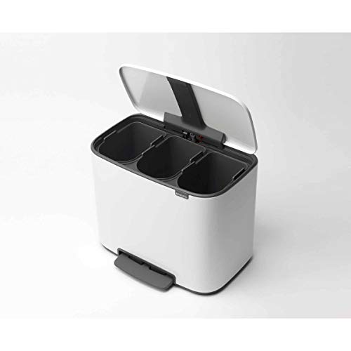 Brabantia Bo Pedal - Cubo de basura, Acero Inoxidable, 3 cubos interiores , Blanco, 3 x 11 litros