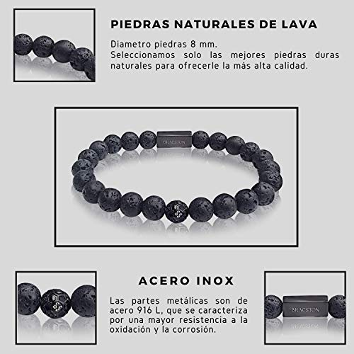 Bracston®️ Pulsera in Piedras Naturales de Lava y Acero Inoxidable para Hombre Mujeres - Brazalete de Sanación 100% Handmade - Pulsera difusora de Aceite Esencial (#3 Piedra de Lava (20,50 cm))