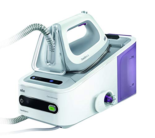 Braun Carestyle5 - Centro de planchado, 2400 w, suela bidireccional eloxal 3d, golpe de vapor 340 g/min, sistema bloqueo easylock, blanco y púrpura