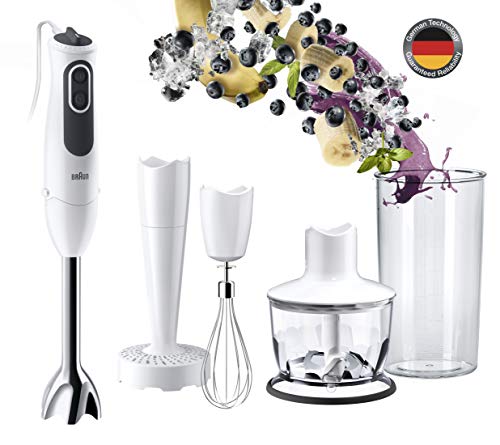 Braun Hogar Minipimer 3V MQ3137WH Sauce Batidora de Mano Eléctrica, Anti-salpicaduras, PowerBell Plus, Paquete de Accesorios Premium, 750 W, De plástico, 11 Velocidades, Blanco