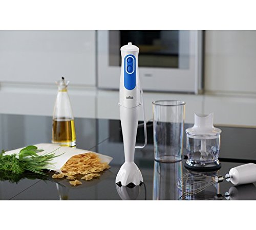 Braun Minipimer 3025 Batidora de mano, 2 velocidades, campana antisalpicaduras, 3 accesorios, minipicadora 350 ml, varillas, 700 W, 600 milliliters, Plástico, blanco y azul