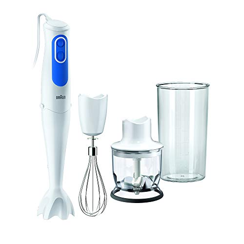 Braun Minipimer 3025 Batidora de mano, 2 velocidades, campana antisalpicaduras, 3 accesorios, minipicadora 350 ml, varillas, 700 W, 600 milliliters, Plástico, blanco y azul