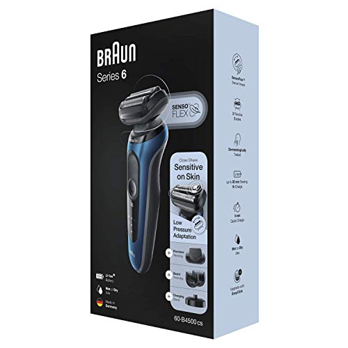 Braun Series 6 60-B4500cs Afeitadora Eléctrica, máquina de afeitar barba hombre de Lámina con Base de Carga, Recortadora de Barba, Uso en Seco y Mojado, Recargable, Inalámbrica, Azul