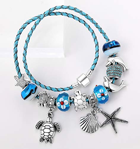 Brazalete encantado - pulsera playa estrella de mar - tortuga marina - concha de mar - abrigo de cuero para mujer adolescente niña pequeña mamá - accesorio de regalo chapado en 925 plata esterlina