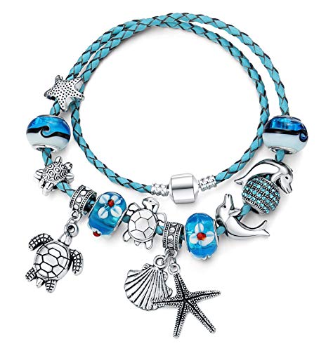 Brazalete encantado - pulsera playa estrella de mar - tortuga marina - concha de mar - abrigo de cuero para mujer adolescente niña pequeña mamá - accesorio de regalo chapado en 925 plata esterlina