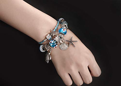 Brazalete encantado - pulsera playa estrella de mar - tortuga marina - concha de mar - abrigo de cuero para mujer adolescente niña pequeña mamá - accesorio de regalo chapado en 925 plata esterlina