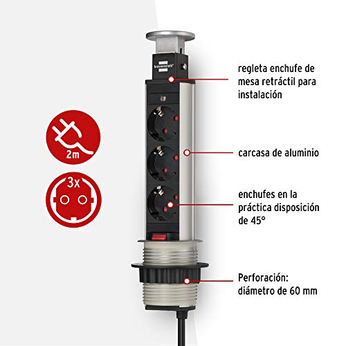 Brennenstuhl Tower Power regleta de enchufes de mesa de 3 tomas de corriente (cable de 2 m, retráctil en la mesa, montable) aluminio