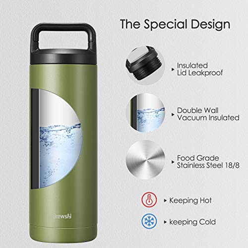 Brewsly Botella Agua Acero Inoxidable, Aislada al Vacío de Conserva Frío Doble Pared, con Doble Aislamiento para 12 Horas de Bebida Caliente y 24 Horas de Bebida Fría - Libre BPA - 500ML, Verde