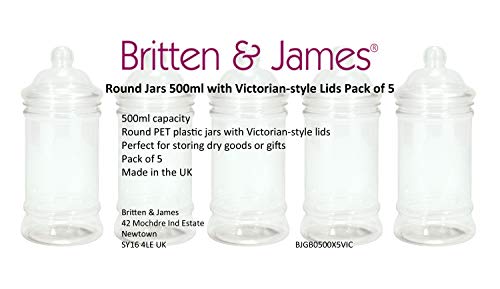 Britten & James® Paquete de 5 tarros de plástico transparente con tapas de estilo victoriano de 500 ml. Contenedores de almacenamiento de dulces, regalos etc. Ideal para fiestas, bodas etc.