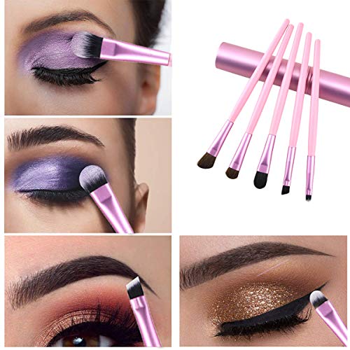 Brochas para sombra de ojos, juego de 5 brochas de maquillaje con mango de madera real para cejas, delineador de ojos, mezcla, color rosa