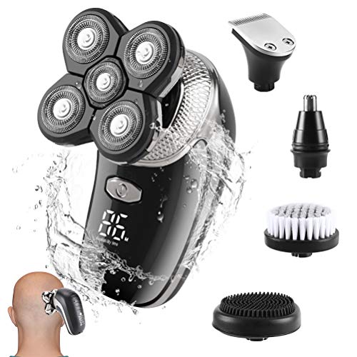 Broche del pelo Afeitadora eléctrica, Afeitadora rotativa USB Recargable a prueba de agua con cepillo de limpieza facial Razor Trimmer de cabeza calva para nariz de barba (Negro)