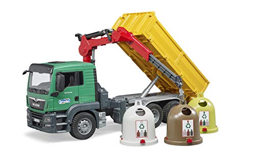bruder- Camiones MAN TGS con grúa de carga y contenedor de cristal antiguo, Multicolor (03753) , color/modelo surtido