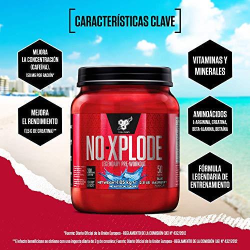 BSN Nutrition N.O.-Xplode, Suplementos Deportivos Pre Workout en Polvo con Creatina Monohidrato, Cafeina, Beta Alanina, Vitamina D y Vitamina B Complex, Frambuesa Azul, 50 Porciones, 1.05kg