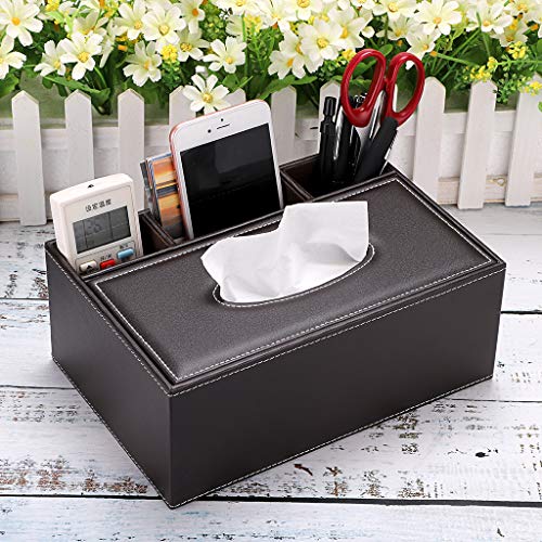 BSTKEY Caja de pañuelos de cuero sintético rectangular con caja de almacenamiento de control remoto para el hogar o la oficina, elegante servilletero, organizador de escritorio, marrón