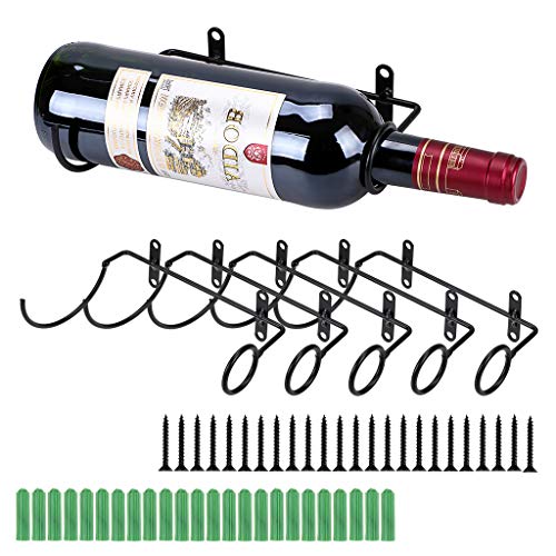 BSTKEY Soporte de hierro para pared de 6 unidades para botellas de vino, vino tinto, bebidas para adultos, expositor de botellas de licores, organizador colgante, boca de botella a la derecha