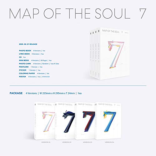 BTS Album - MAP OF SOUL : 7 [ 4 ver. ] CD + Photobook + Lyrics Book + Mini Book + Photocard + Postcard + Sticker + Coloring Paper + OFFICIAL POSTER + FREE GIFT