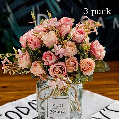 BuleXP 3 Pieza 10 Cabezas Flores Artificiales Rosas Decoración Plásticas Bouquet de Seda Simulación Flores Falsas para El Hogar de Mesa Weeding Party Decoración DIY o Ramo de Novia Pink