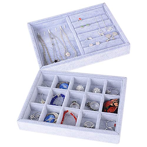 BUONDAC 2pcs Bandejas para Joyas Joyero Organizador Joyerías Caja Estuche de Almacenamiento para Joyas Anillos Pendientes Collares Aretes Bisutería Gris