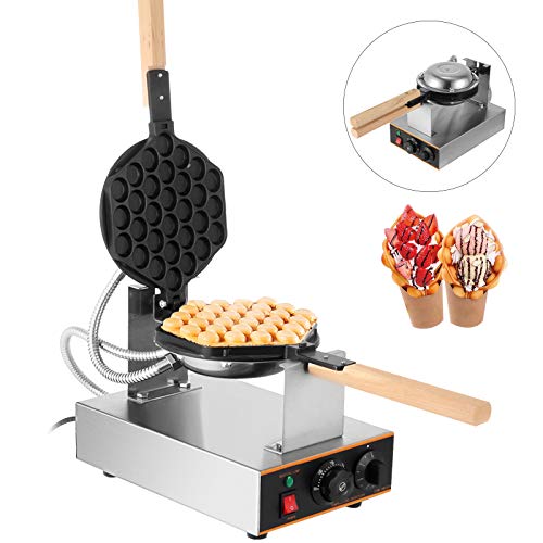 BuoQua Gofrera Máquina de Gofre, SC-X30, Gofrera Máquina Burbujas de Acero Inoxidable, Sarten Gofres Girario 180 Grado Máquina de Gofres de Forma Huevo con Mango de Madera para Hacer Bubble Waffles