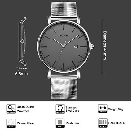 BUREI Reloj de Pulsera clásico para Hombres Estuche Ultra Fino Minimalista Dial analógico con Fecha Movimiento de Cuarzo japonés