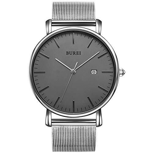 BUREI Reloj de Pulsera clásico para Hombres Estuche Ultra Fino Minimalista Dial analógico con Fecha Movimiento de Cuarzo japonés