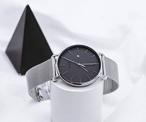 BUREI Reloj de Pulsera clásico para Hombres Estuche Ultra Fino Minimalista Dial analógico con Fecha Movimiento de Cuarzo japonés