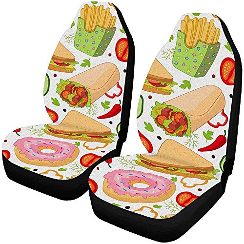 Burger Pizza Slice Roll Doner Kebab Patatas Fritas Sandwich Donut Verduras Cubiertas del asiento delantero Juego de 2, Cojín del asiento delantero del automóvil Se adapta a la mayoría