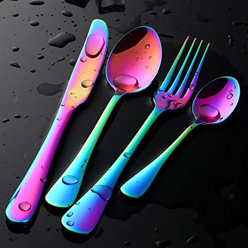 Buyer Star 16pcs Inox cubiertos Colorido Juego de Cubiertos Rainbow Vajilla cubertería Cubiertos de colores