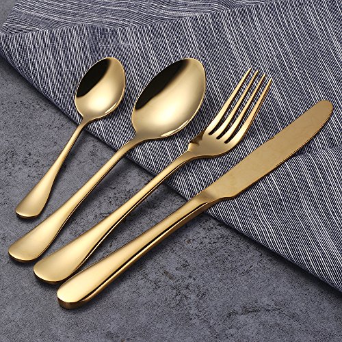 Buyer Star Cubiertos oro inox, Vajilla de mesa para 4, Juegos de Cubiertos de oro 16 piezas, Cubiertos de acero inoxidable, Set de cuchillos y tenedores