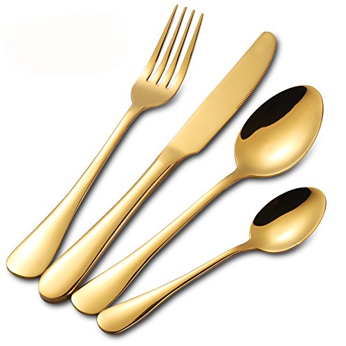 Buyer Star Cubiertos oro inox, Vajilla de mesa para 4, Juegos de Cubiertos de oro 16 piezas, Cubiertos de acero inoxidable, Set de cuchillos y tenedores