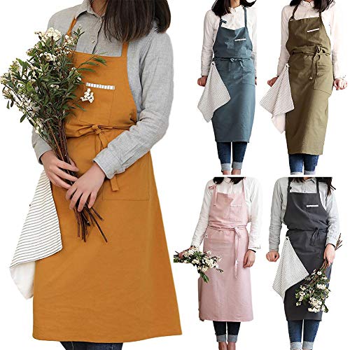 Buyfunny01 Delantal con Peto Cocina Jardinería Mezcla algodón Hogar con Bolsillos Estilo japonés Ajustable Trabajo Informal Cocina Pintura Sólido Fácil Limpieza(Amarillo)