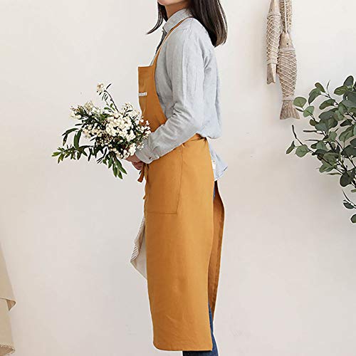 Buyfunny01 Delantal con Peto Cocina Jardinería Mezcla algodón Hogar con Bolsillos Estilo japonés Ajustable Trabajo Informal Cocina Pintura Sólido Fácil Limpieza(Amarillo)