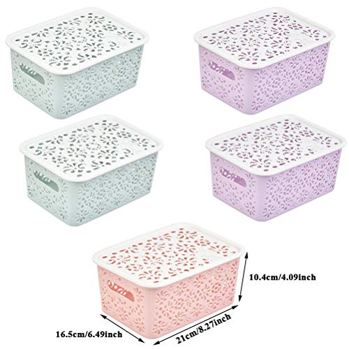 BUYGOO 5PCS Cestas de Almacenaje Multiuso, Cajas Organizadoras de Plástico con Efecto de Mimbre y Asas para Cocina, Baño