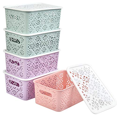 BUYGOO 5PCS Cestas de Almacenaje Multiuso, Cajas Organizadoras de Plástico con Efecto de Mimbre y Asas para Cocina, Baño