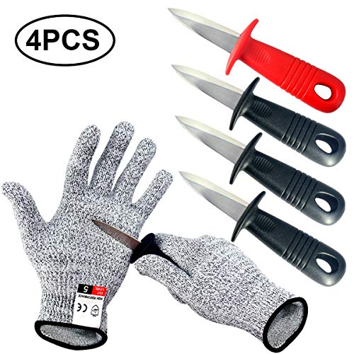 BXIO Cuchillo para ostras con guantes resistentes a cortes, abridor de ostras Utensilios de cocina Cuchillos para ostras de color negro y rojo, 4 piezas y 1 par de guantes (Black)