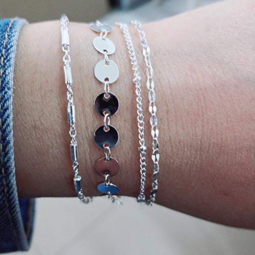 BXSZX Pulsera 4 Unids/Set Brazaletes de Múltiples Capas de Oro Plata Tubo de Encaje Satélite Pulseras de Cadena para Las Mujeres Cadena del Pie Tobilleras Joyería