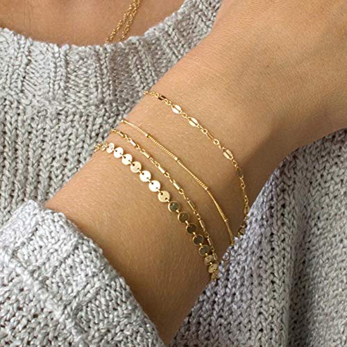 BXSZX Pulsera 4 Unids/Set Brazaletes de Múltiples Capas de Oro Plata Tubo de Encaje Satélite Pulseras de Cadena para Las Mujeres Cadena del Pie Tobilleras Joyería