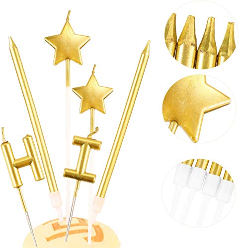 B•You Velas de Cumpleaños,Velas de Tarta de Cumpleaños 21piezas Dorado Happy Birthday Letras Estrella Metálicas Velas Altas Delgadas Doradas en Soporte para Decoración de Pasteles